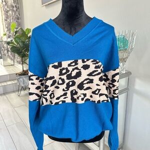 & Other Stories Blue V-Neck Leopard-Stripe Sweater